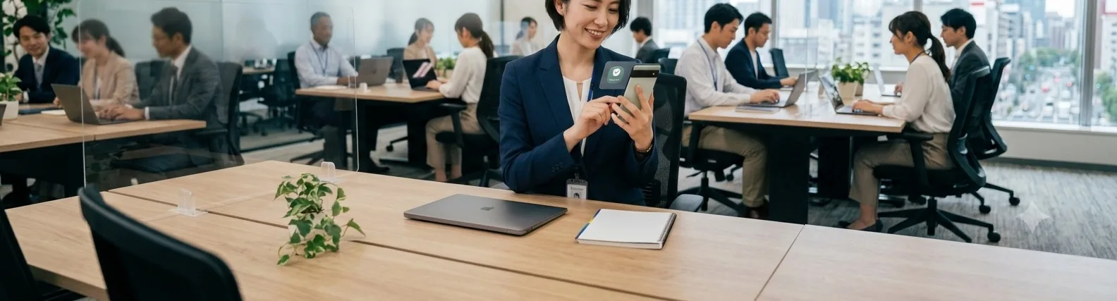 年輕日本女性上班族在開放式辦公室使用 SecuAgent 手機應用